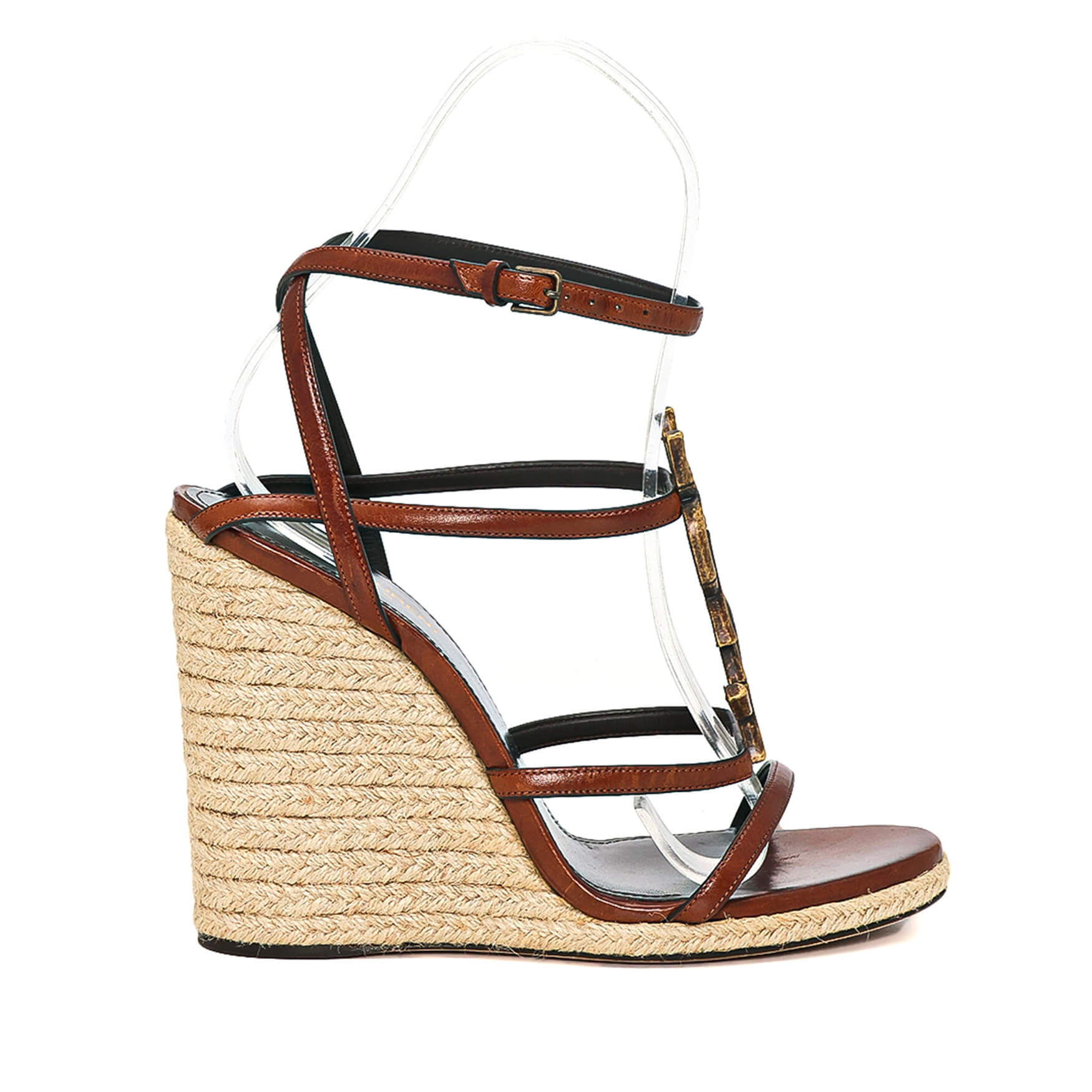 Yves Saint Laurent - Brown Leather Ankle Strap Espadrille Wedge Pumps